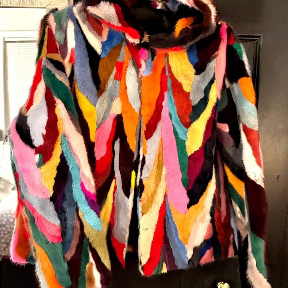 Genuine Multi Colored Hooded Mink Jacket